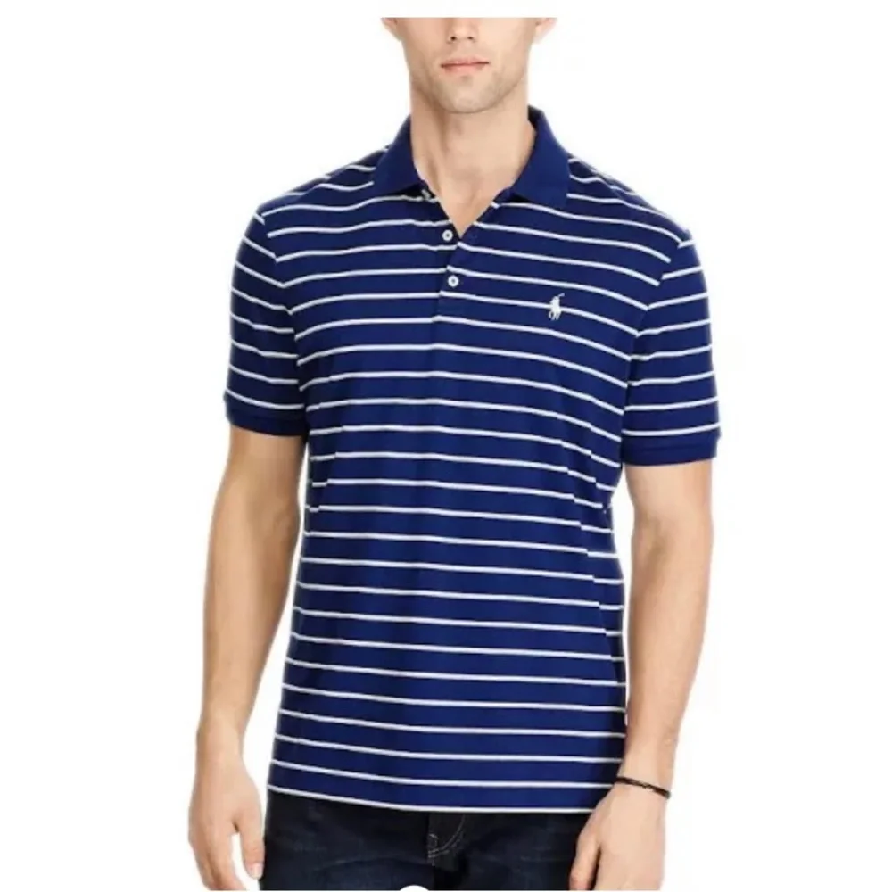 Polo, Ralph Lauren men’s size large pull over navy blue and light blue striped‎